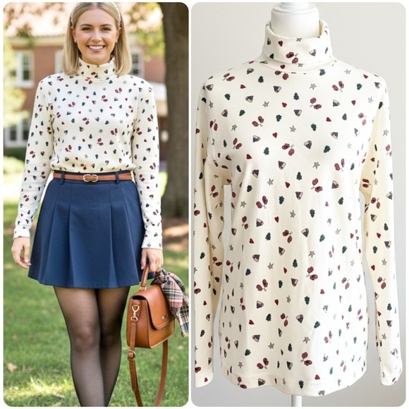 croft & barrow Tops - 90s Y2K Vintage Winter Holiday Print Turtleneck Mittens Trees Hearts Stars Sz LP